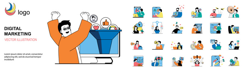 Digital marketing concept with character situations mega set. Bundle of scenes people making online promotion strategy and advertising business in social media. Vector illustrations in flat web design