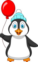 Cute cartoon penguin mascot in winter hat holding red balloon