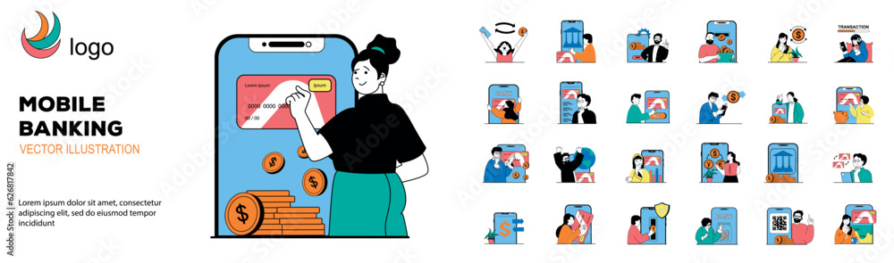 Poster Mobile banking concept with character situations mega set. Bundle of scenes people sending money online, using secure payment, managing account in application. Vector illustrations in flat web design