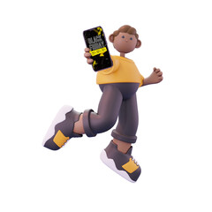 boy standing showing black friday in handpone pose from front