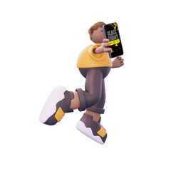 boy standing showing black friday in handpone pose from right
