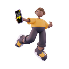 boy standing showing black friday in handpone pose from left