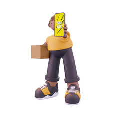 man standing showing promotion in handpone pose from left