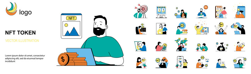 NFT token concept with character situations mega set. Bundle of scenes people selling and buying digital crypto art with non fungible tokens in marketplaces. Vector illustrations in flat web design
