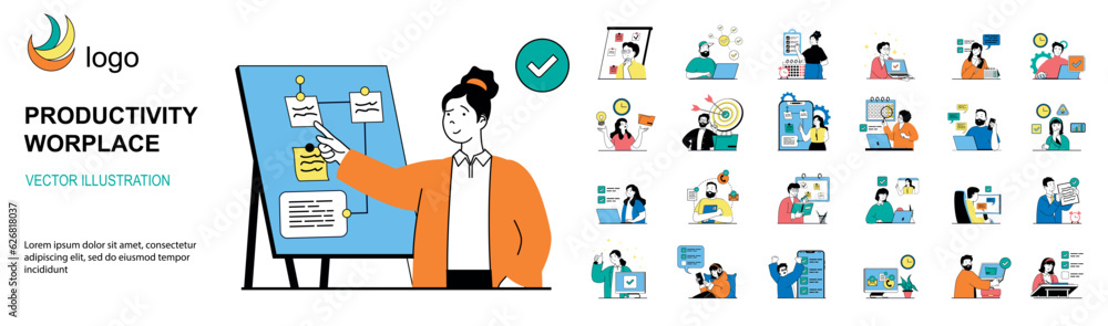 Poster productivity workplace concept with character situations mega set. bundle of scenes people organizin