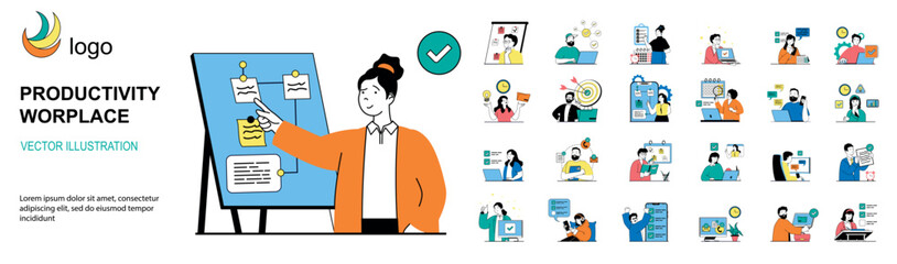 Productivity workplace concept with character situations mega set. Bundle of scenes people organizing workflow with notes and deadlines, crating to do lists. Vector illustrations in flat web design