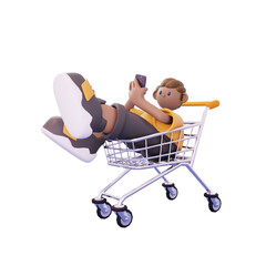 man sitting in shopping trolley playing handphone pose from front