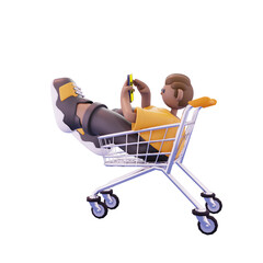 man sitting in shopping trolley playing handpone pose from left