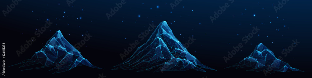 Wall mural abstract digital mountains set. mountains range and starry night sky on dark technology blue backgro