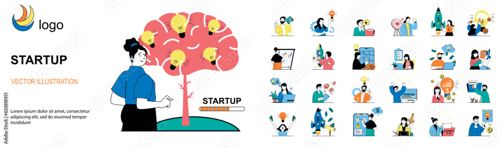 Aufkleber Startup concept with character situations mega set. Bundle of scenes people brainstorming and developing new business project, planning and investing money. Vector illustrations in flat web design