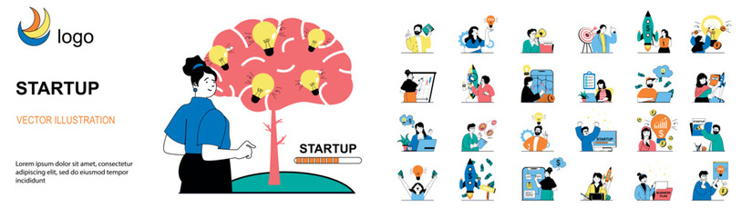 Startup concept with character situations mega set. Bundle of scenes people brainstorming and developing new business project, planning and investing money. Vector illustrations in flat web design