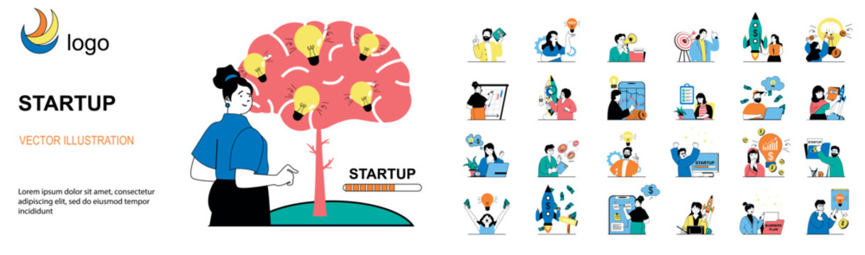Startup concept with character situations mega set. Bundle of scenes people brainstorming and developing new business project, planning and investing money. Vector illustrations in flat web design