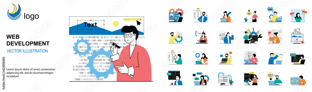 Poster Web development concept with character situations mega set. Bundle of scenes people creating web page layout, coding and testing html code, making optimization. Vector illustrations in flat web design