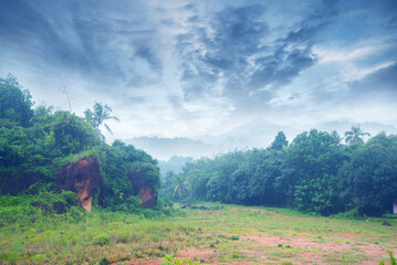 Landscape photography- A hillside full of green under a cloudy sky. In the distance, you can see breathtaking mountains