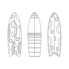 Surfboards. Beach set for summer trips. Vacation accessories for sea vacations. Line art.