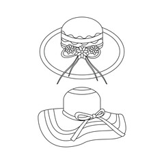 Beach hats with flowers on a ribbon. Beach set for summer trips. Vacation accessories for sea vacations. Line art.