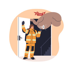 Firefighter in emergency, announcing danger, showing evacuation exit. Fire fighter, fireman with megaphone, bullhorn in alarm, alert. Flat graphic vector illustration isolated on white background