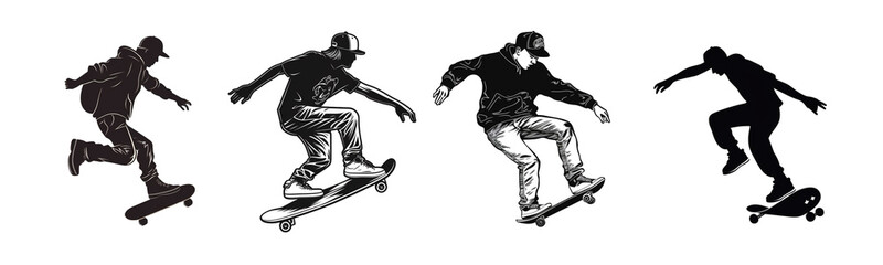 Fototapeta na wymiar Set of skateboarders characters isolated on transparent background. Generative AI.