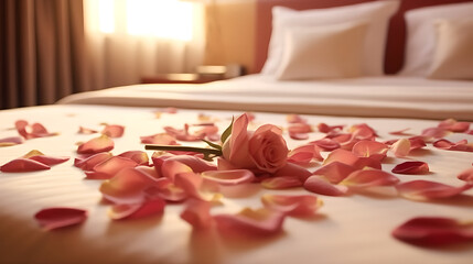 Rose on the bed in hotel rooms. Rose and her petals on the bed for a romantic evening. Beautiful hotel for honeymoon sweet