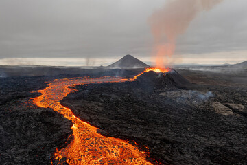 Beautiful aerial panoramatic view of active volcano, Litli - Hrutur, Iceland 2023