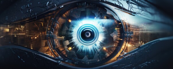 Robotic blue eye,realistic close up view, panorama. Generative Ai.