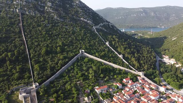 Fortified Legacy: 4K Aerial Drone View of Ston's Historic Walls, Croatia