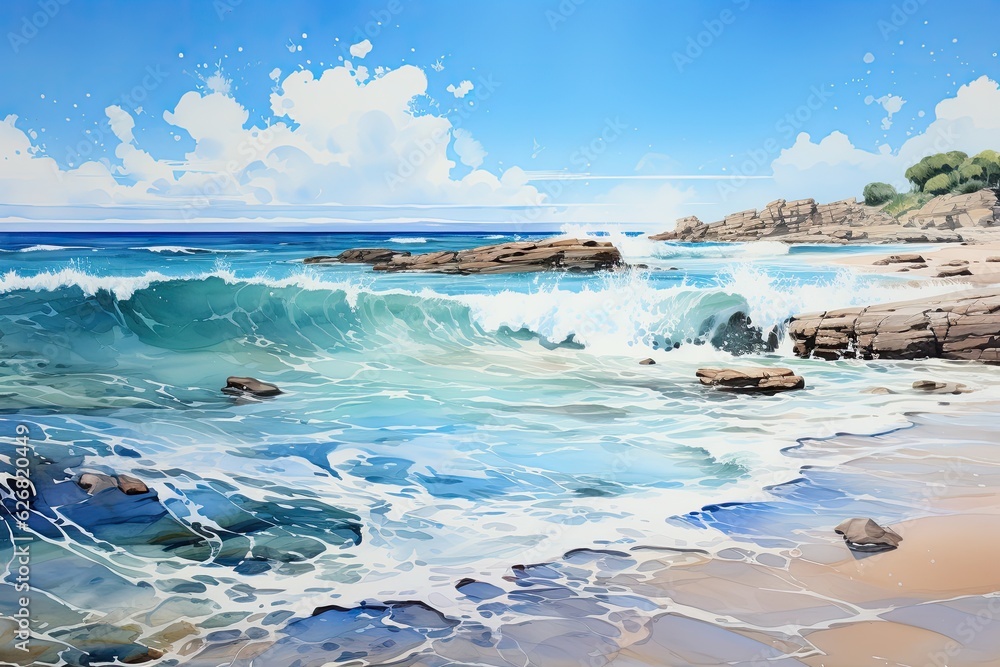 Wall mural illustration of an idyllic beach with palm trees - Wall murals
