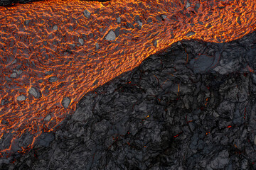 Aerial view of the texture of a solidifying lava field, close-up