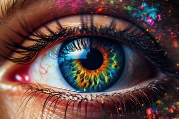 Portrait of human multicolor eyes, close up view. Generative Ai.