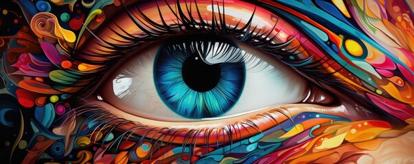 Close-up view of multi colorful human eye, panorama. Generative Ai.