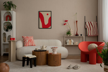Creative composition of living room interior with mock up poster frame red armchair, beige sofa,...