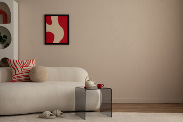 Warm and cozy living room interior with red mock up poster frame, copy space, stylish beige sofa,...