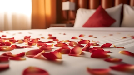 Rose on the bed in hotel rooms. Rose and her petals on the bed for a romantic evening. Beautiful hotel for honeymoon sweet