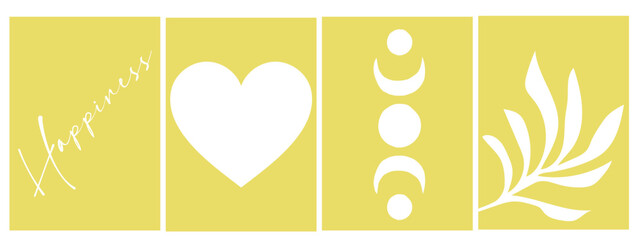 collection of simple minimalist abstract posters in yellow tones with white objects: heart, circles, moon, plant silhouette and text happiness