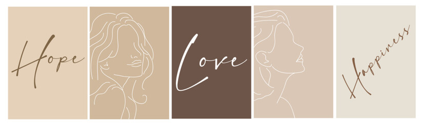 a collection of simple minimalist abstract posters in beige shades with a love, happiness, hope test and a linear silhouette of women portraits on the background