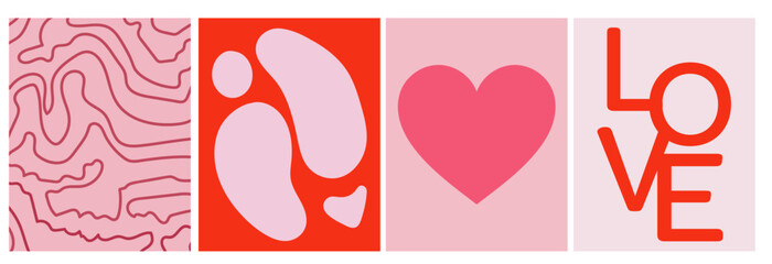 collection of simple minimalist abstract posters in pink shades: heart, love text, geometric shapes and lines on the background