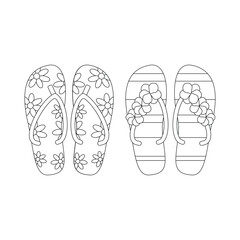 Slippers, flip-flops. Beach set for summer trips. Vacation accessories for sea vacations. Line art.