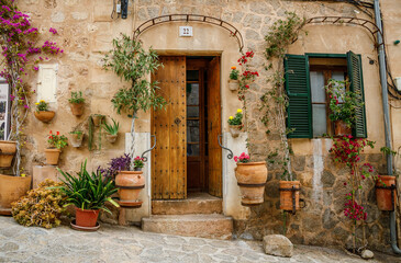 Fototapeta na wymiar Beautiful cozy typical entrance to the house with flowers in Valldemossa, Mallorca