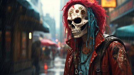 Young rebellious cyberpunk city teenager skeleton portrait caricature, wild unwashed colorful hair and latest street fashion with jewelry and beads on a cold rainy day - generative AI