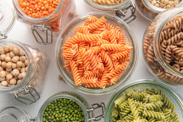 A variety of fusilli pasta from different types of legumes. Gluten-free pasta.