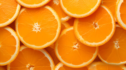 Sliced fresh orange fruits background. Top view of juicy orange slice full frame background