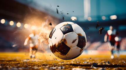 Close up of soccer striker ready to kick fiery ball with power at stadium. Professional Soccer Player Hits Ball with Fierce Power and Scores Goal. Beautiful Cinematic Low Angle Ground shot