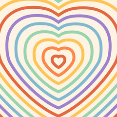 Psychedelic retro groovy background with shapes hearts. Rainbow colors stripes on beige backdrop. Heart shaped tunnel design. Trendy square banner template for social media