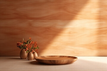 Empty table in with natural cream texture wal. Interior background for presentation.