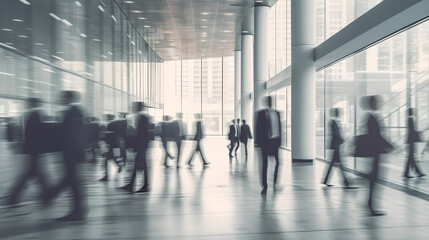 Blurred business People in Motion Walking through the Office. Business people walking at modern office in Motion blur