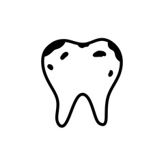 Tooth with caries isolated on white background. Dental care. Vector hand-drawn illustration in doodle style. Perfect for logo, various designs.