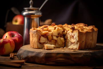 Obraz na płótnie Canvas Autumn pie with apples, nuts and sea buckthorn. Charlotte on kefir. Generative AI