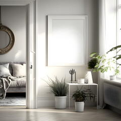frame mockup in living room , wall art mockup for poster aesthetic look ,poster mockup in living room, by the windows white theme room