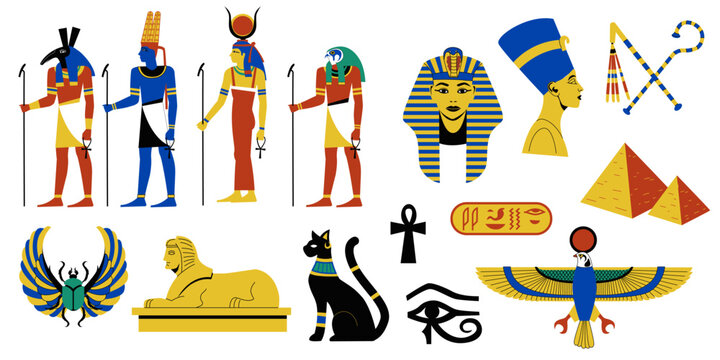 Egyptian mythology collection. Ancient Egyptian religion and archeology, hieroglyphic symbols of ancient pharaohs gods and goddesses. Vector set