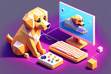 A golden retriever outside the computer and a golden retriever inside the computer. Generative AI